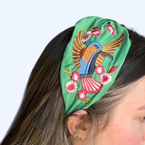 Accessories - Green bird embroidered boho headband